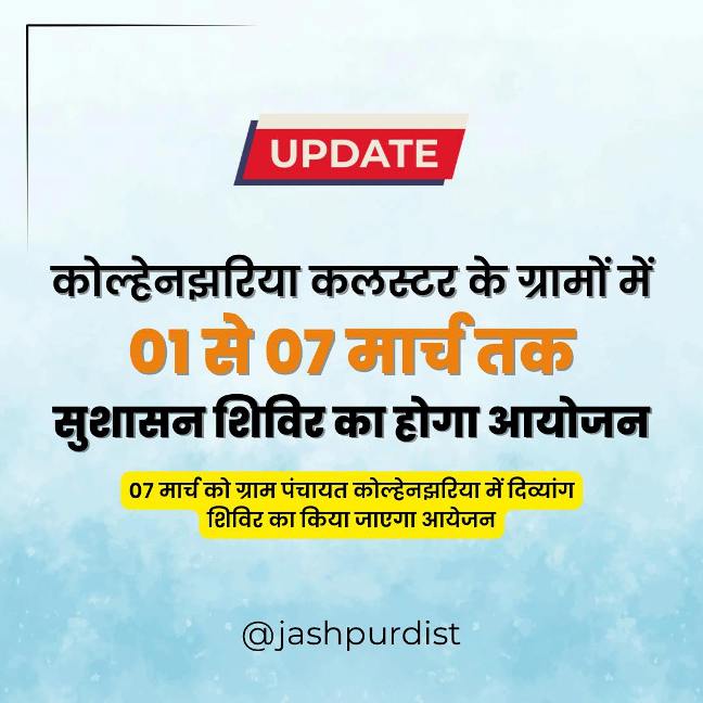 जशपुर : जन-जन तक पहुंचेगी सरकार की योजनाएँ! कोल्हेनझरिया कलस्टर में एक हफ्ते तक सुशासन शिविर का आयोजन