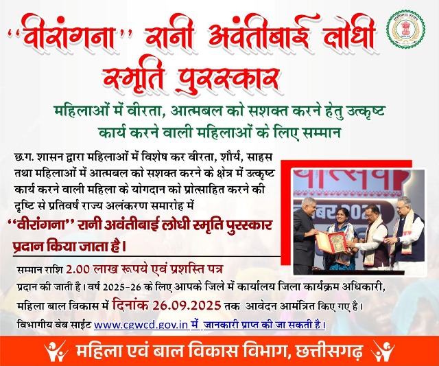 महिला शक्ति को सम्मान: 29 सितम्बर तक करें आवेदन और पाएं “वीरांगना” रानी अवंतीबाई लोधी स्मृति पुरस्कार व प्रशस्ति पत्र