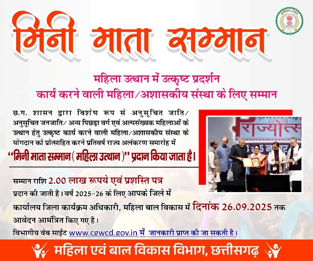 छत्तीसगढ़ शासन ने मांगा आवेदन: महिला सशक्तिकरण के लिए 2 लाख रुपये की राशि और प्रशस्ति पत्र के साथ दिया जाएगा ‘मिनी माता सम्मान’
