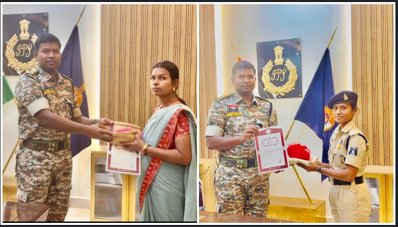नारायणपुर में वीरता का सम्मान: SP गुड़िया ने बस्तर फाइटर निशा कचलाम और शहीद बीरेंद्र शोरी की पत्नी को दी शुभकामनाएँ