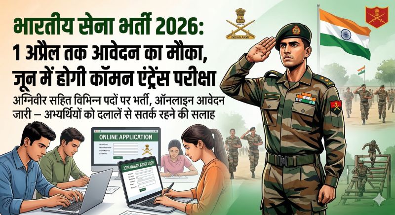 भारतीय सेना भर्ती 2026 का बड़ा मौका: 1 अप्रैल तक करें ऑनलाइन आवेदन, जून में होगी कॉमन एंट्रेंस परीक्षा; अग्निवीर सहित कई पदों पर भर्ती