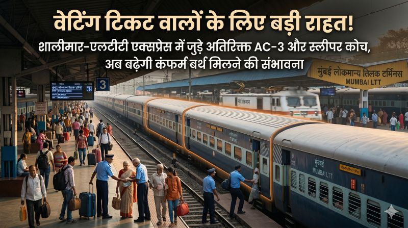 भीड़ के दबाव पर रेलवे का त्वरित एक्शन! शालीमार-एलटीटी-शालीमार एक्सप्रेस में अस्थायी रूप से बढ़ाई गई कोच क्षमता—लगातार कई दिनों तक मिलेगी अतिरिक्त सीटें, लंबी वेटिंग लिस्ट वाले यात्रियों के लिए सफर हुआ आसान