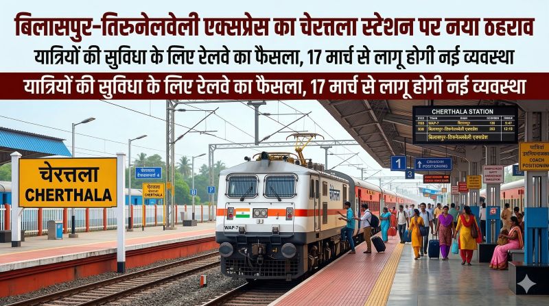 रेलवे का अहम फैसला: बिलासपुर–तिरुनेलवेली-बिलासपुर एक्सप्रेस अब चेरत्तला स्टेशन पर भी रुकेगी, यात्रियों की सुविधा को ध्यान में रखकर लिया गया निर्णय