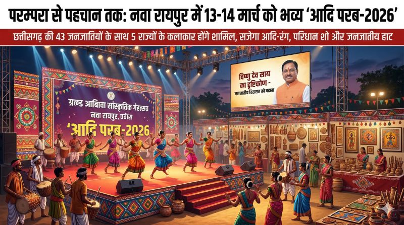 परंपरा से पहचान तक आदिवासी संस्कृति का भव्य उत्सव: नवा रायपुर में ‘आदि परब-2026’ में सजेगा आदि-रंग, जनजातीय परिधान शो और शिल्प हाट; मध्यप्रदेश, तेलंगाना, ओडिशा, महाराष्ट्र और झारखंड के कलाकार करेंगे सांस्कृतिक समागम