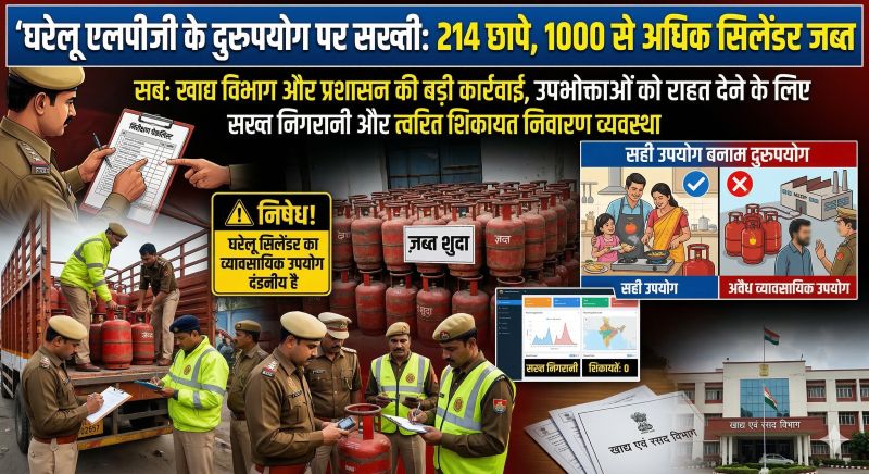 घरेलू एलपीजी के दुरुपयोग को रोकने के लिए खाद्य विभाग एवं जिला प्रशासन द्वारा लगातार सख्त कार्रवाई : 214 छापे, 1013 सिलेंडर जब्त
