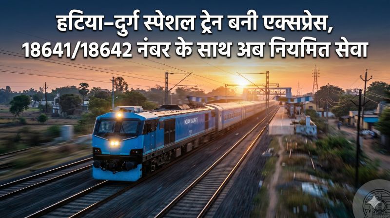 रेल यात्रियों के लिए बड़ी सौगात: हटिया–दुर्ग द्वि-साप्ताहिक स्पेशल ट्रेन का हुआ नियमितीकरण, अब 18641/18642 नंबर के साथ एक्सप्रेस के रूप में तय समय-सारिणी में दौड़ेगी