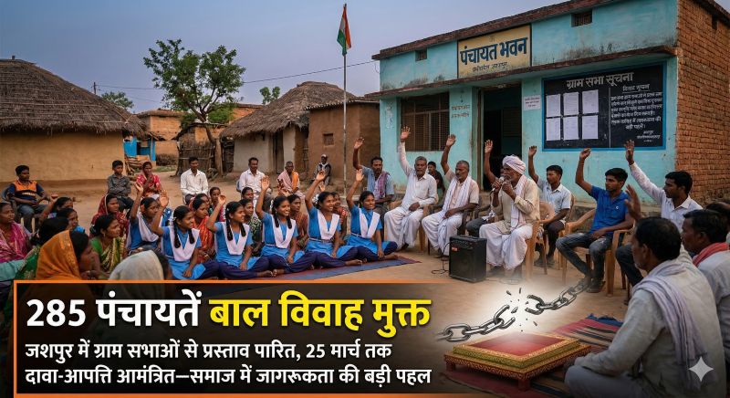 बाल विवाह के खिलाफ सख्त कदम: जशपुर की 285 पंचायतें बनने जा रही ‘बाल विवाह मुक्त’, दो वर्षों से एक भी मामला नहीं—25 मार्च तक आपत्ति दर्ज कराने का अवसर
