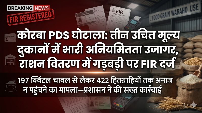 कोरबा PDS में बड़ा घोटाला उजागर: तीन उचित मूल्य दुकानों में भारी अनियमितता, 197 क्विंटल चावल व 22 क्विंटल नमक के व्यपवर्तन पर FIR दर्ज—सैकड़ों हितग्राहियों तक नहीं पहुंचा राशन