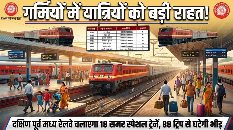 गर्मी की भीड़ से राहत की बड़ी पहल—दक्षिण पूर्व मध्य रेलवे चलाएगा 18 समर स्पेशल ट्रेनें, 88 ट्रिप से लाखों यात्रियों को मिलेगा सुगम, सुरक्षित और कंफर्म यात्रा का लाभ