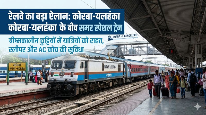 रेलवे का मेगा प्लान: भारतीय रेलवे ने कोरबा-यलहंका रूट पर स्पेशल ट्रेन चलाई, छुट्टियों में बढ़ती भीड़ के बीच यात्रियों को स्लीपर से एसी तक बेहतर सुविधा और आसान यात्रा का भरोसा