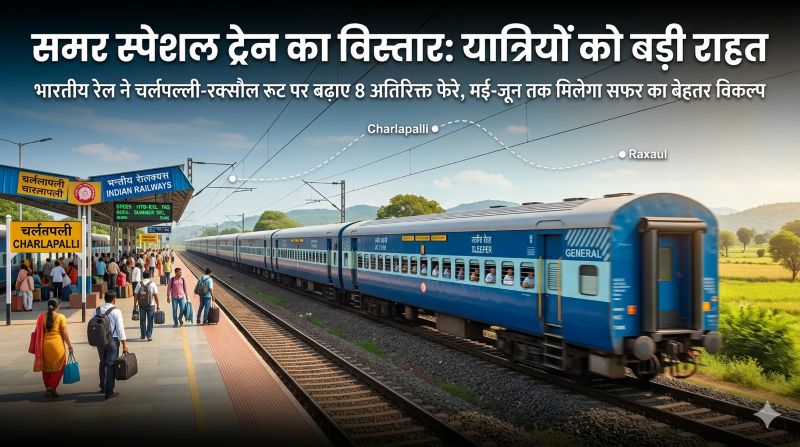 गर्मी में यात्रियों को बड़ी राहत: भारतीय रेल ने चर्लपल्ली-रक्सौल समर स्पेशल ट्रेन के 8 अतिरिक्त फेरे बढ़ाए, अब मई-जून तक जारी रहेगा संचालन
