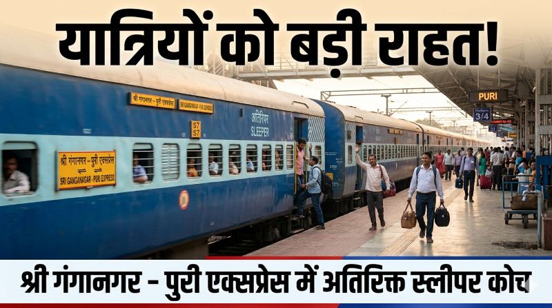 कंफर्म बर्थ की समस्या होगी कम—20471/20472 श्री गंगानगर–पुरी एक्सप्रेस में अस्थायी रूप से एक अतिरिक्त स्लीपर कोच जोड़ा गया, हजारों यात्रियों को मिलेगा सीधा लाभ