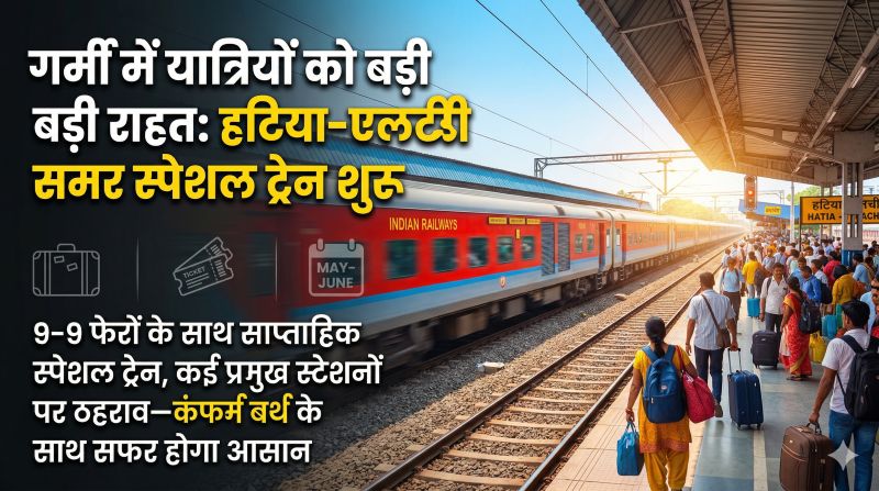 गर्मी में यात्रियों को बड़ी राहत: हटिया-एलटीटी के बीच 9-9 फेरों की समर स्पेशल ट्रेन, कंफर्म बर्थ के साथ सफर होगा आसान
