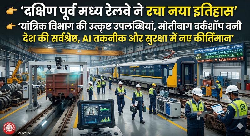 दक्षिण पूर्व मध्य रेलवे ने रचा नया इतिहास: यांत्रिक विभाग के उत्कृष्ट प्रदर्शन से मोतीबाग वर्कशॉप देश की सर्वश्रेष्ठ घोषित, तकनीकी नवाचार और सुरक्षा में बने नए कीर्तिमान