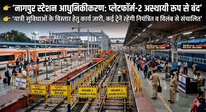 नागपुर स्टेशन पर बड़ा बदलाव: आधुनिकीकरण कार्य के चलते प्लेटफॉर्म-2 हुआ बंद, 52 दिनों तक कई ट्रेनों का परिचालन रहेगा प्रभावित, यात्रियों से सतर्क रहने की अपील