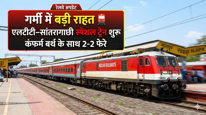 भीड़ से मिलेगी राहत: एलटीटी–सांतरागाछी स्पेशल ट्रेन का ऐलान, तय तारीखों पर चलेगी 4 ट्रिप—नागपुर, रायपुर, बिलासपुर समेत कई स्टेशनों पर ठहराव