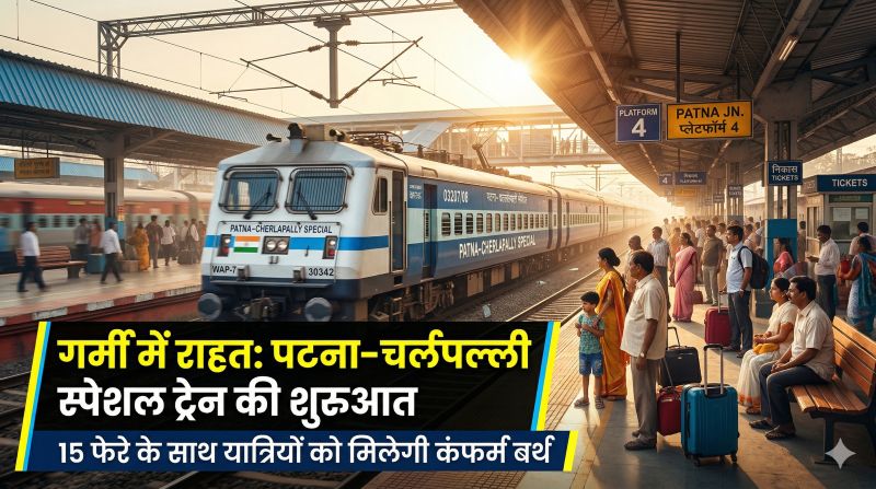 रेलवे का बड़ा ऐलान: पटना से चर्लपल्ली के बीच चलेगी स्पेशल ट्रेन, 22 कोच और कई प्रमुख स्टेशनों पर ठहराव से यात्रियों को बड़ी राहत, बिलासपुर-रायपुर-दुर्ग समेत कई शहरों को मिलेगा सीधा कनेक्शन