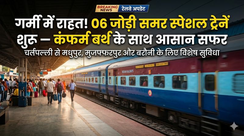 Indian Railways का बड़ा तोहफा: गर्मियों में यात्रियों की भीड़ से राहत के लिए 06 जोड़ी समर स्पेशल ट्रेनें शुरू—चर्लपल्ली से मधुपुर, मुजफ्फरपुर और बरौनी तक कंफर्म बर्थ के साथ आरामदायक सफर