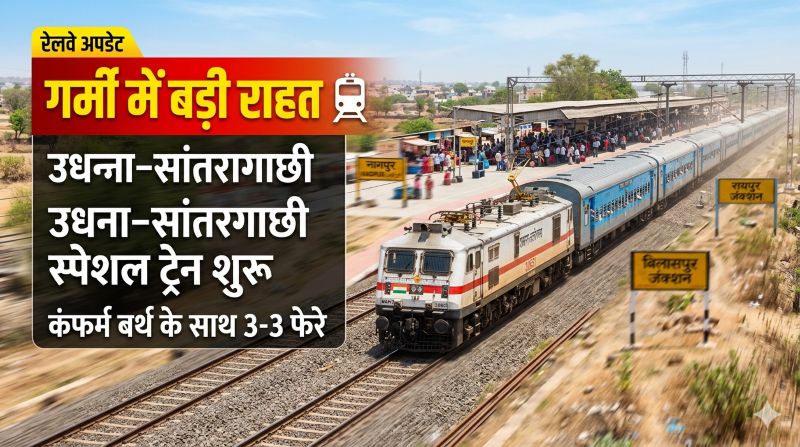 भीषण भीड़ के बीच राहत भरी खबर: उधना–सांतरागाछी स्पेशल ट्रेन का ऐलान, तय तारीखों पर चलेगी 6 ट्रिप—नागपुर, रायपुर, बिलासपुर सहित कई स्टेशनों पर ठहराव