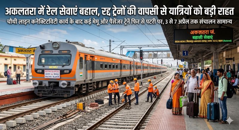 अकलतरा में चौथी लाइन कार्य के बाद बड़ी राहत: कई रद्द ट्रेनें फिर पटरी पर, यात्रियों को मिली राहत : बिलासपुर मंडल में मेमू और पैसेंजर ट्रेनों का चरणबद्ध संचालन बहाल, 3 से 7 अप्रैल तक नियमित चलेगी सेवाएं