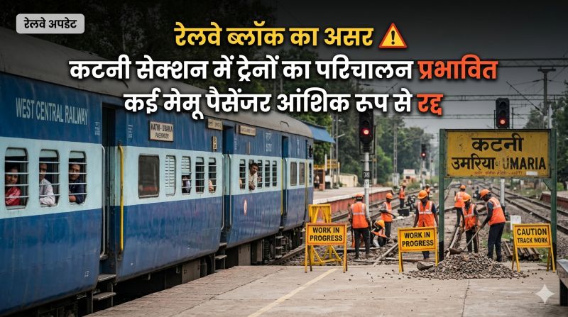कटनी सेक्शन में सुरक्षा कार्य का असर: भारतीय रेल के ब्लॉक के चलते कई मेमू पैसेंजर ट्रेनें आंशिक रूप से रद्द, उमरिया और झलवारा तक सीमित रहेगा संचालन