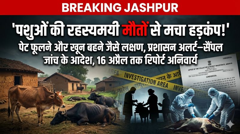 ब्रेकिंग : जशपुर के गांवों में पशु मौतों का खौफ ; संदिग्ध बीमारी या विषाक्तता की आशंका, सैंपल जांच के आदेश—प्रशासन अलर्ट मोड में, 16 अप्रैल तक रिपोर्ट पेश करने का निर्देश