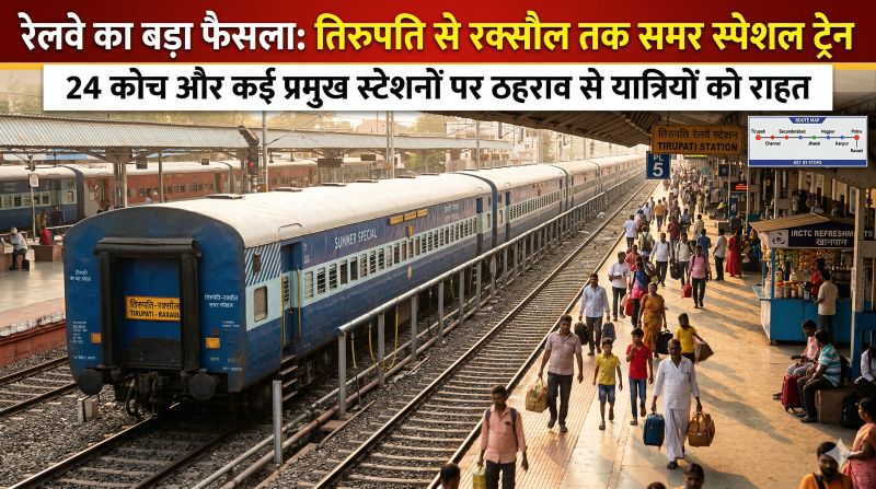 भीषण गर्मी और बढ़ती भीड़ के बीच रेलवे का बड़ा फैसला: तिरुपति से रक्सौल तक चलेगी 24 कोच वाली समर स्पेशल ट्रेन, कई प्रमुख स्टेशनों को मिलेगा सीधा कनेक्शन