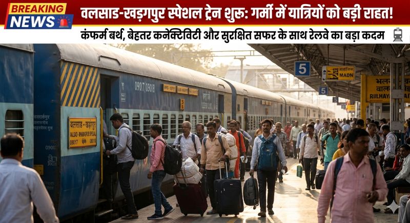 रेलवे का मास्टर प्लान: समर भीड़ से निपटने वलसाड-खड़गपुर स्पेशल ट्रेन का ऐलान, लंबी दूरी के यात्रियों को मिलेगा सुरक्षित, सुगम और कंफर्म सीट वाला सफर!