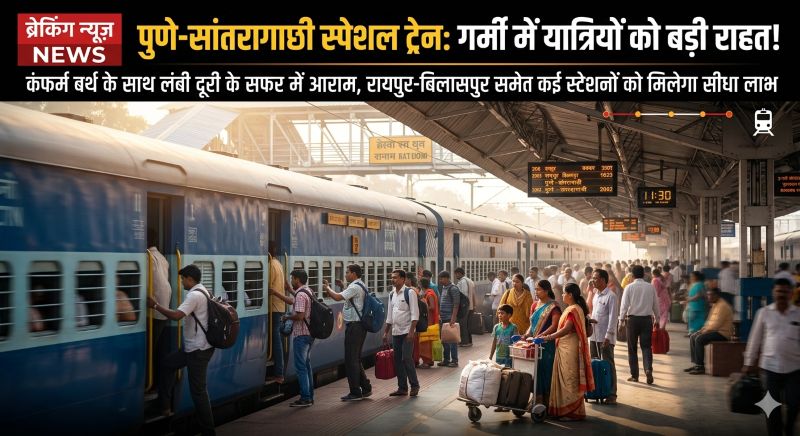 भीषण गर्मी और बढ़ती भीड़ के बीच रेलवे की पहल: पुणे-सांतरागाछी स्पेशल ट्रेन शुरू, रायपुर-बिलासपुर रूट के यात्रियों को मिलेगा आसान, सुरक्षित और कंफर्म सफर!