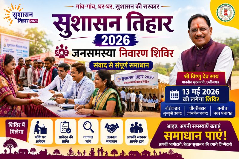 सुशासन तिहार 2026 में प्रशासन पहुंचा गांव-गांव! 13 मई को बोडोकछार, चौंगरीबहार और बगीचा में लगेगा मेगा शिविर, मौके पर होगा समस्याओं का त्वरित समाधान