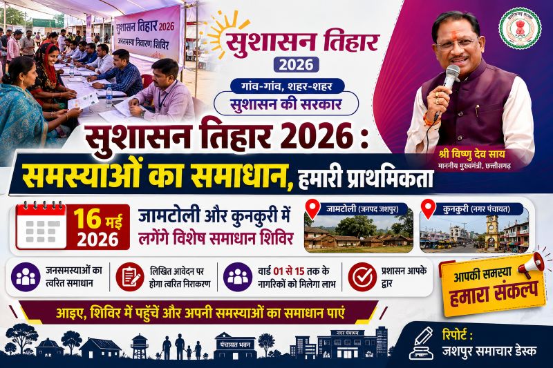 जनता की समस्याओं पर प्रशासन सख्त : कुनकुरी नगर पंचायत समेत जामटोली में 16 मई को लगेगा बड़ा सुशासन शिविर