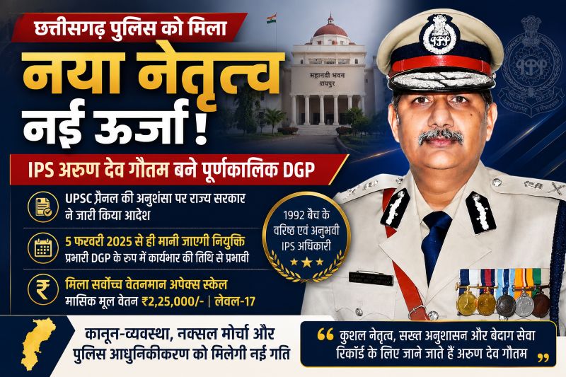 UPSC पैनल की अनुशंसा पर लगी मुहर: अरुण देव गौतम को मिला छत्तीसगढ़ DGP का स्थायी प्रभार, अपेक्स स्केल के साथ संभालेंगे पुलिस की कमान