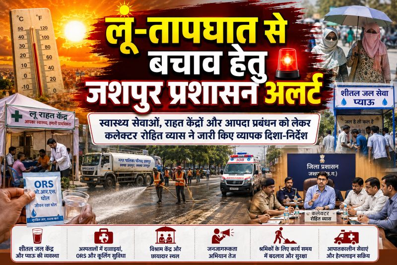 हीटवेव को लेकर जशपुर में हाई अलर्ट : अस्पतालों, नगर निकायों, श्रम स्थलों और सार्वजनिक क्षेत्रों में राहत, उपचार और जनजागरूकता के लिए प्रशासन की बड़ी तैयारी