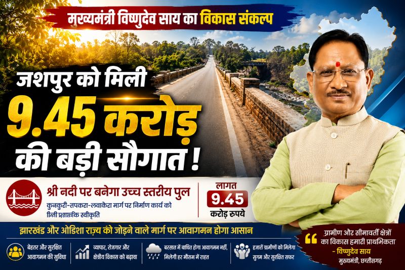 मुख्यमंत्री विष्णुदेव साय की बड़ी सौगात : जशपुर में 9.45 करोड़ की लागत से श्री नदी पर बनेगा उच्च स्तरीय पुल, तीन राज्यों का सफर होगा आसान