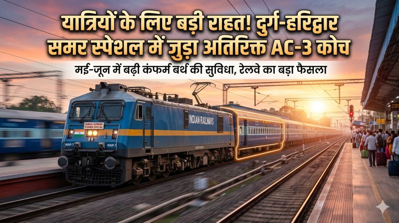 रेलवे का बड़ा तोहफा! दुर्ग-हरिद्वार समर स्पेशल में बढ़ी सुविधा—अतिरिक्त AC-3 कोच से सैकड़ों यात्रियों को मिलेगा कंफर्म बर्थ का भरोसा