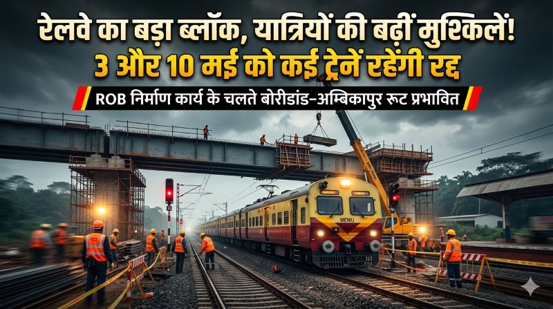 बोरीडांड–अम्बिकापुर सेक्शन पर विकास कार्य का असर, ट्रैफिक-पावर ब्लॉक से रेल सेवा बाधित—एक साथ कई ट्रेनें रद्द, यात्रियों में हड़कंप