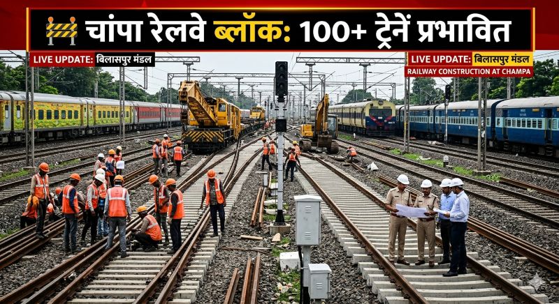 बिलासपुर रेल मंडल में मेगा ट्रैफिक ब्लॉक: चांपा स्टेशन चौथी लाइन कनेक्शन कार्य से 100+ ट्रेनें प्रभावित, कई रद्द और मार्ग परिवर्तित
