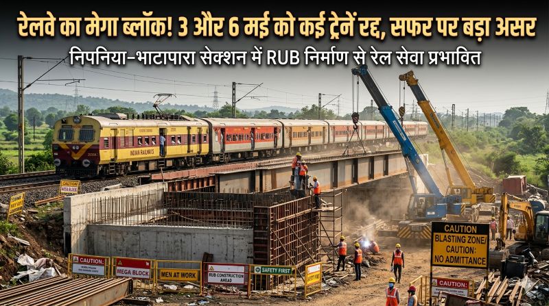 रायपुर-बिलासपुर रूट पर बड़ा झटका! अंडरब्रिज निर्माण के लिए ट्रैफिक-पावर ब्लॉक, एक साथ कई पैसेंजर ट्रेनें रद्द और कुछ बीच रास्ते में ही समाप्त