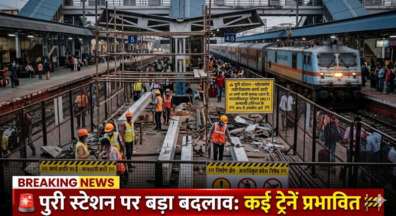 पुरी रेलवे स्टेशन पर बड़ा बदलाव! प्लेटफार्म उन्नयन कार्य से दर्जनों ट्रेनों का संचालन प्रभावित, मालतीपाटपुर बना अस्थायी टर्मिनल