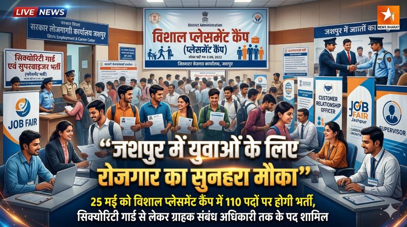 जशपुर में युवाओं के लिए सुनहरा मौका : 25 मई को लगेगा विशाल प्लेसमेंट कैंप, 110 पदों पर होगी सीधी भर्ती