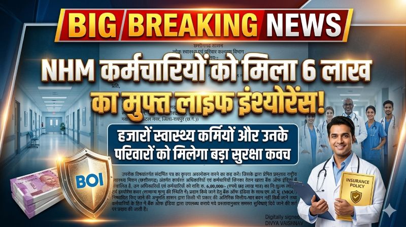 हजारों स्वास्थ्य कर्मियों को सरकार का बड़ा सुरक्षा उपहार : बिना अतिरिक्त खर्च के मिलेगा ₹6 लाख का बीमा कवर, NHM कर्मचारियों में खुशी की लहर