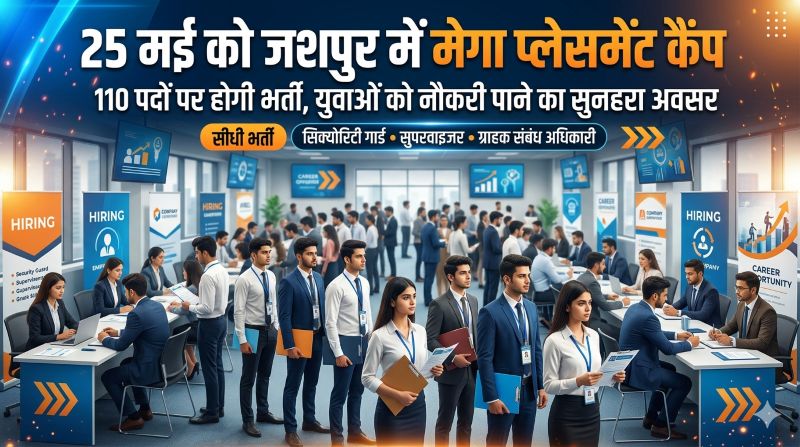 जशपुर में युवाओं के लिए नौकरी का सुनहरा मौका, 25 मई को लगेगा मेगा प्लेसमेंट कैंप, 110 पदों पर होगी सीधी भर्ती
