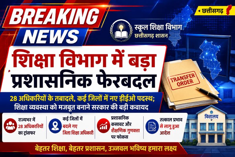 CG BREAKING : शिक्षा विभाग में बड़ा प्रशासनिक भूचाल ; 28 अधिकारियों के तबादले, कई जिलों में बदले गए डीईओ; स्कूल शिक्षा व्यवस्था में आएगा नया बदलाव