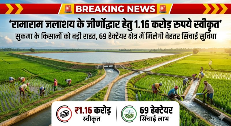 सुकमा के किसानों के लिए बड़ी सौगात: रामाराम जलाशय के जीर्णोद्धार हेतु 1.16 करोड़ रुपये मंजूर, 69 हेक्टेयर कृषि भूमि को मिलेगी स्थायी सिंचाई सुविधा