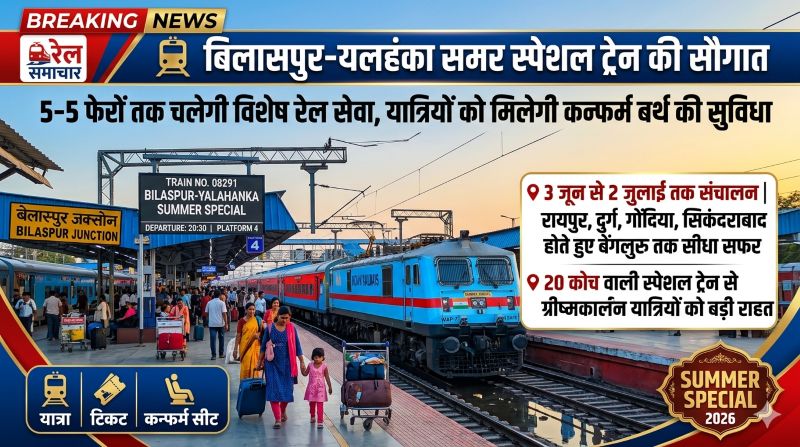 ग्रीष्मकालीन यात्रियों के लिए बड़ी राहत: बिलासपुर-यलहंका समर स्पेशल ट्रेन 3 जून से शुरू, रायपुर-दुर्ग समेत कई प्रमुख स्टेशनों को मिलेगा सीधा कनेक्शन
