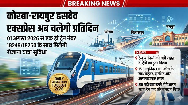 दक्षिण पूर्व मध्य रेलवे का बड़ा फैसला: हसदेव एक्सप्रेस की दो सेवाओं का हुआ विलय, अब रोजाना मिलेगी कोरबा-रायपुर रेल कनेक्टिविटी और आधुनिक LHB कोचों में आरामदायक यात्रा