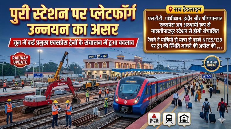 पुरी स्टेशन पर प्लेटफॉर्म उन्नयन कार्य का असर: जून में कई प्रमुख एक्सप्रेस ट्रेनों का परिचालन प्रभावित, मालतीपाटपुर से होगा आगमन और प्रस्थान