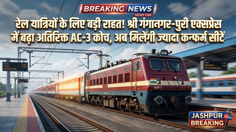 यात्रियों की बढ़ी सुविधा: श्रीगंगानगर–पुरी–श्रीगंगानगर एक्सप्रेस में अस्थायी रूप से मिलेगा अतिरिक्त AC-3 कोच, रेलवे ने बढ़ाई सीट क्षमता