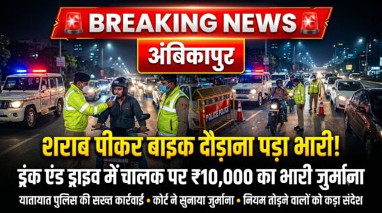 शराब के नशे में बाइक दौड़ाना पड़ा भारी! अंबिकापुर में ‘ड्रंक एंड ड्राइव’ पर सख्त एक्शन, कोर्ट ने ठोका ₹10 हजार का जुर्माना