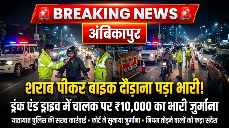 शराब के नशे में बाइक दौड़ाना पड़ा भारी! अंबिकापुर में ‘ड्रंक एंड ड्राइव’ पर सख्त एक्शन, कोर्ट ने ठोका ₹10 हजार का जुर्माना